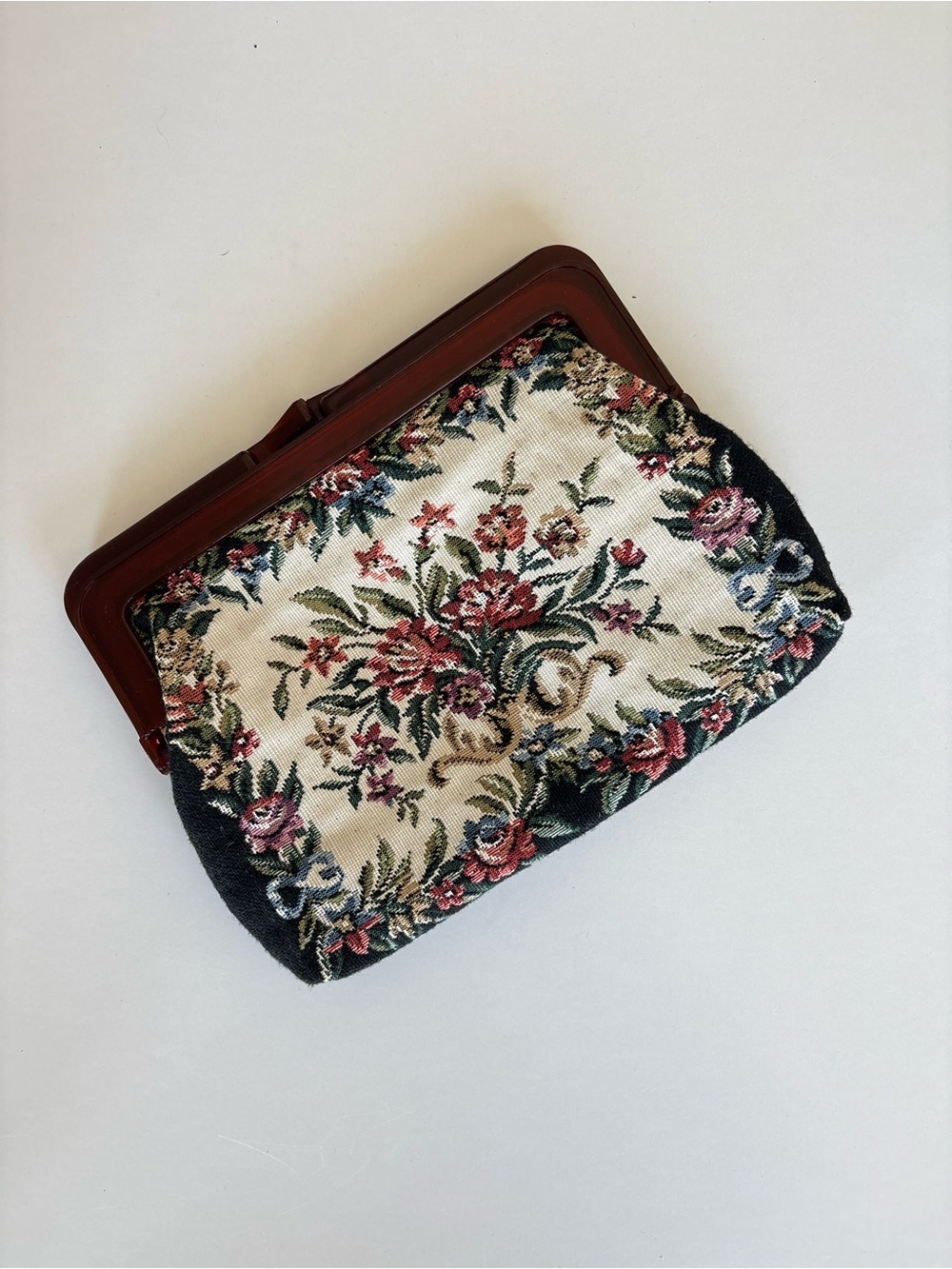 Floral Tapestry Clutch Purse Lucite Frame Made In Hong Kong Needlepoint Bag